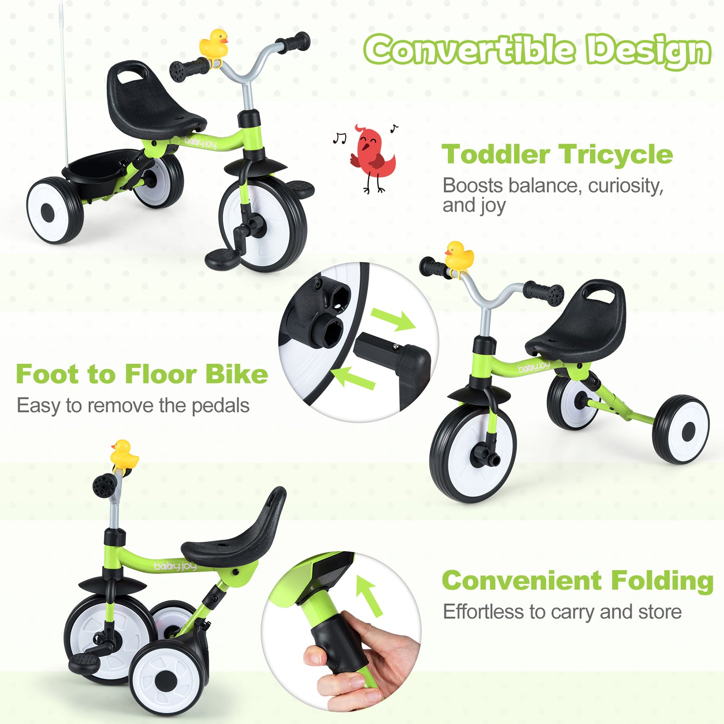 Toddler Tricycle with 3-Position Seat and Storage Basket for Kids-Green