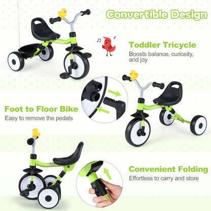 Toddler Tricycle with 3-Position Seat and Storage Basket for Kids-Green