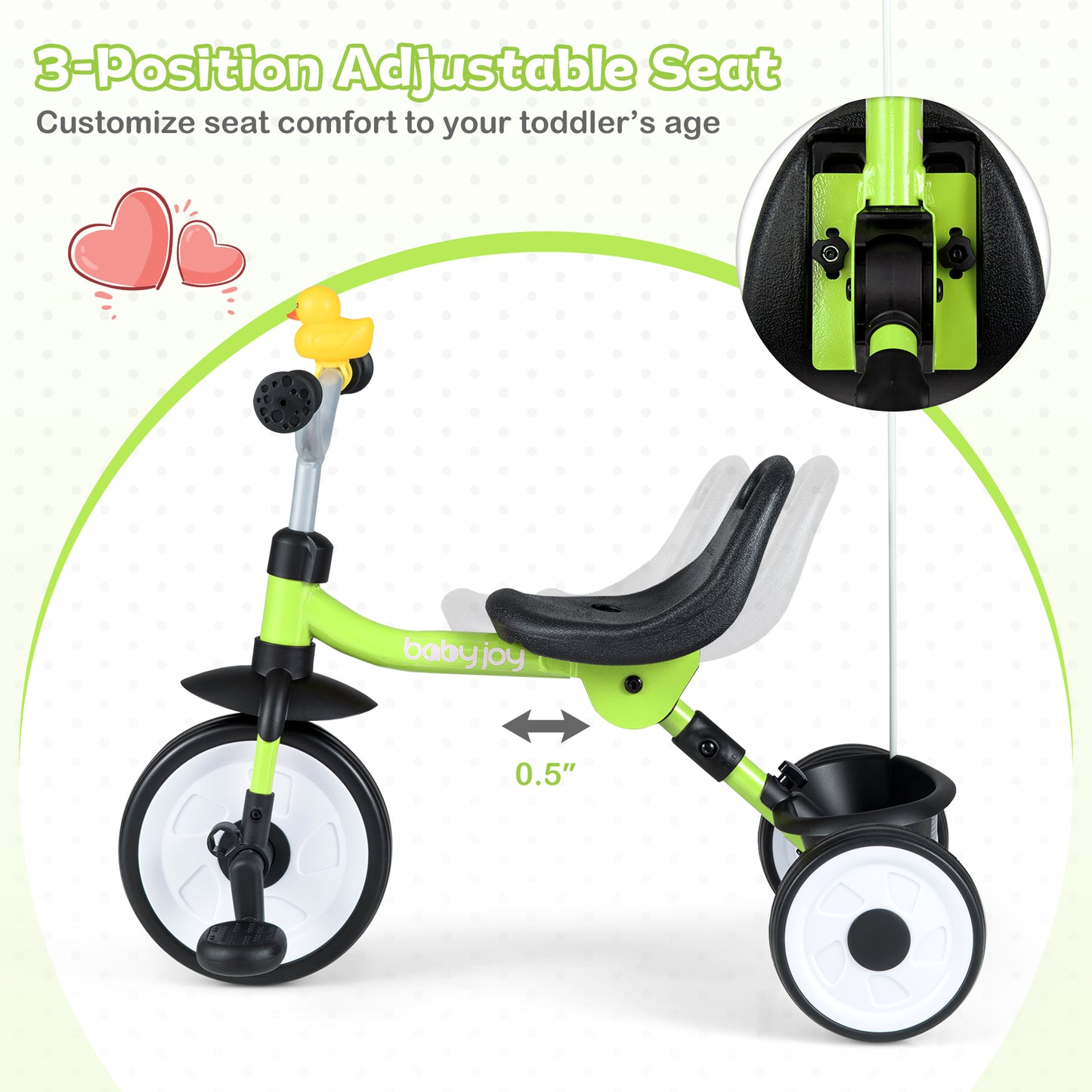 Toddler Tricycle with 3-Position Seat and Storage Basket for Kids-Green