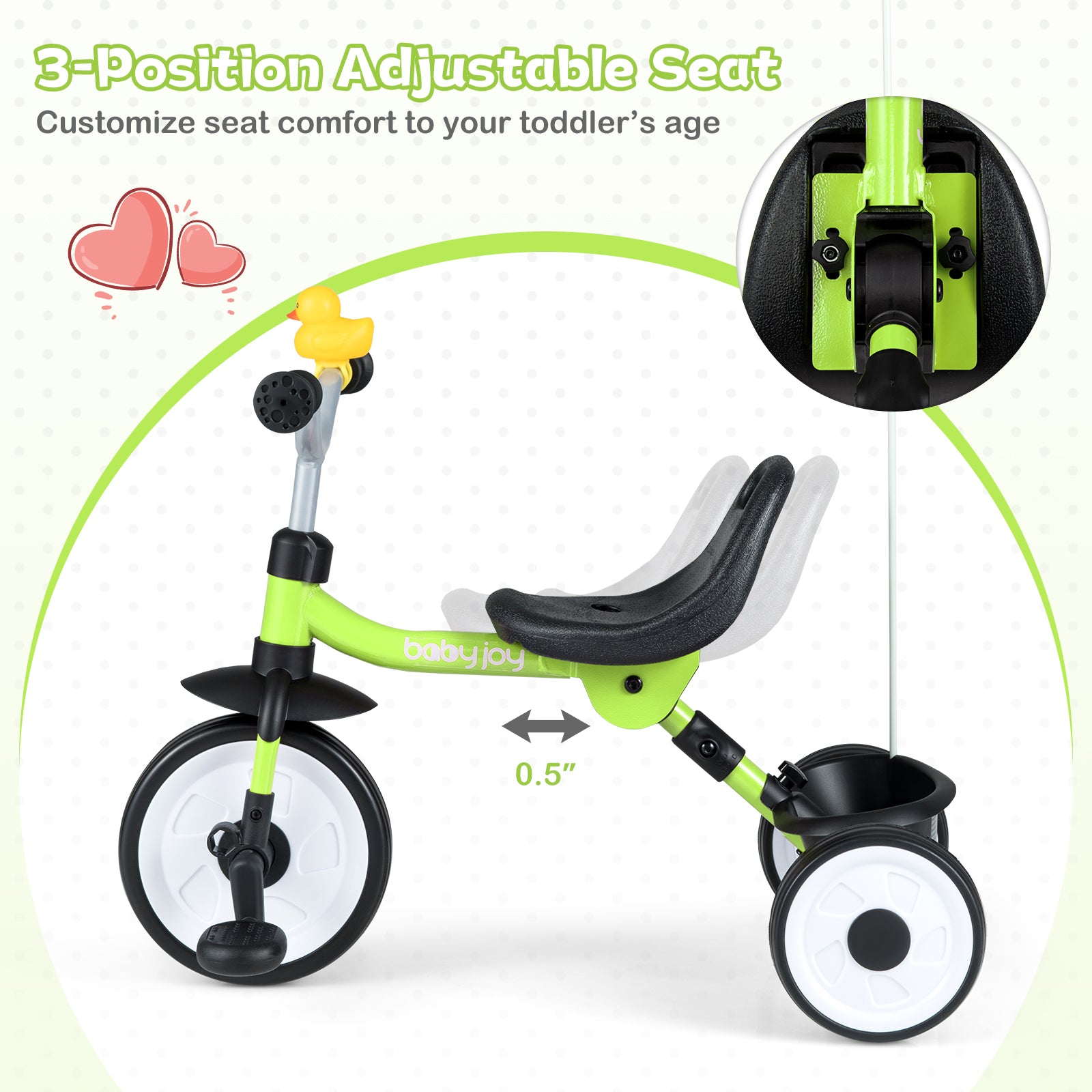Toddler Tricycle with 3-Position Seat and Storage Basket for Kids-Green