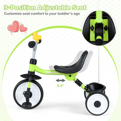 Toddler Tricycle with 3-Position Seat and Storage Basket for Kids-Green