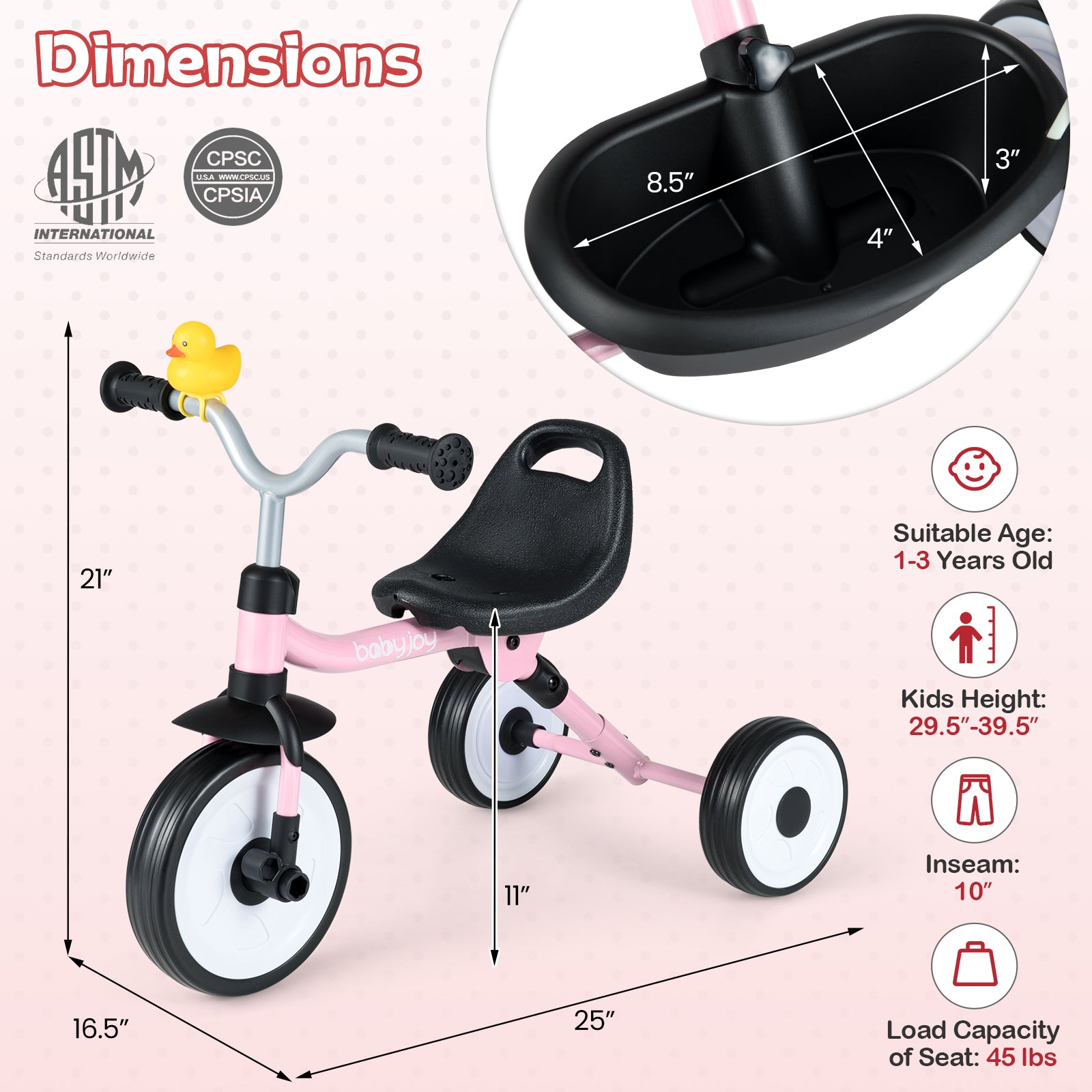 Toddler Tricycle with 3-Position Seat and Storage Basket for Kids-Pink
