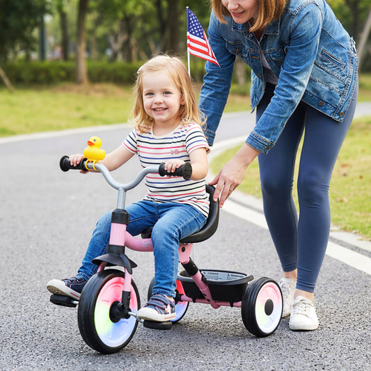 Toddler Tricycle with 3-Position Seat and Storage Basket for Kids-Pink