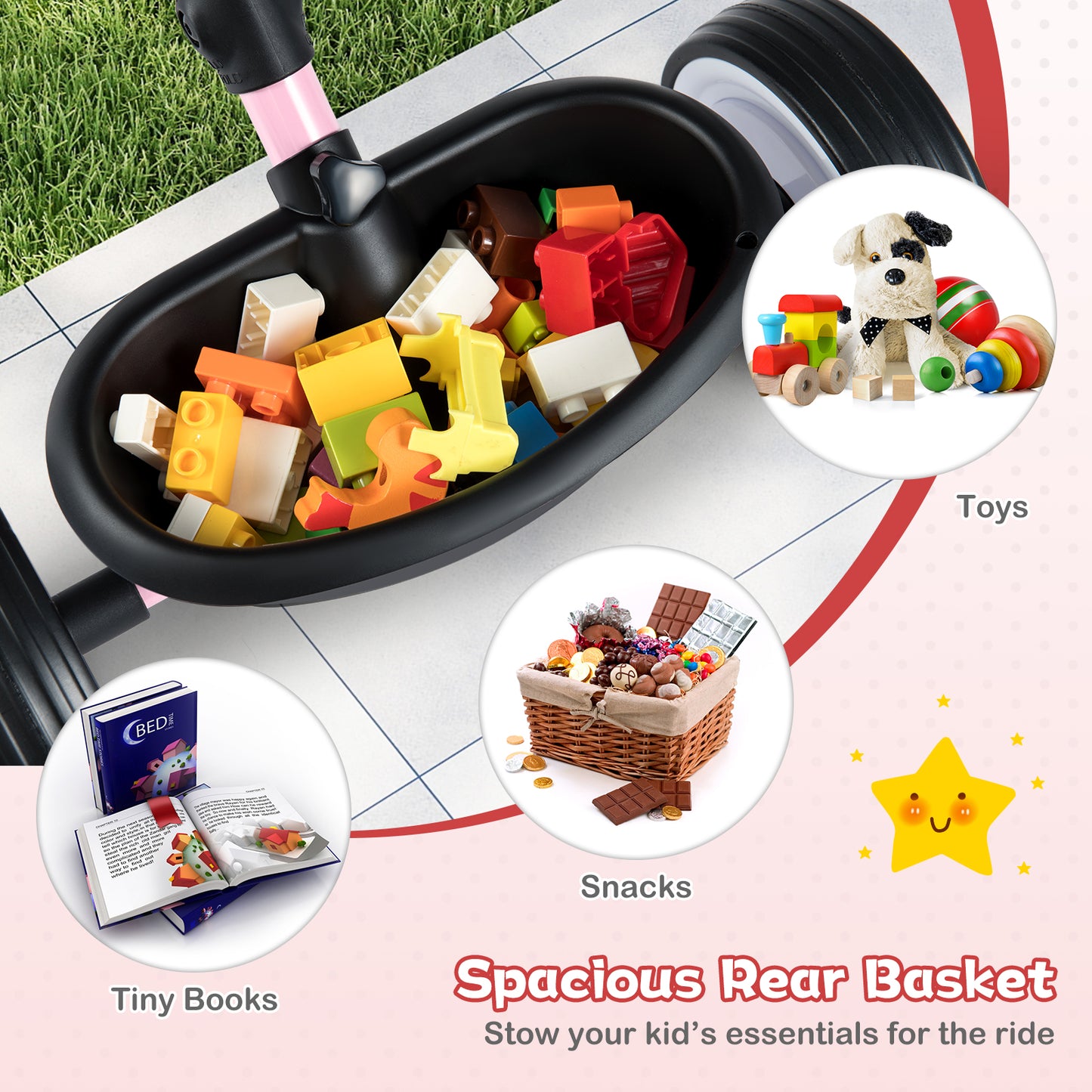 Toddler Tricycle with 3-Position Seat and Storage Basket for Kids-Pink