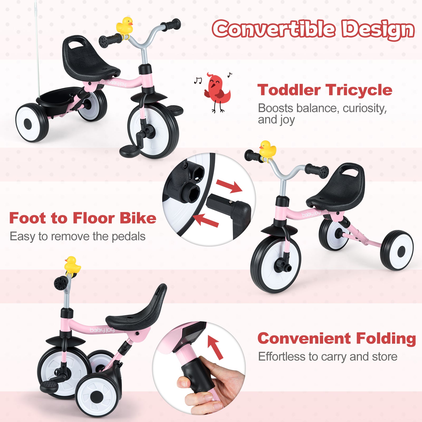 Toddler Tricycle with 3-Position Seat and Storage Basket for Kids-Pink