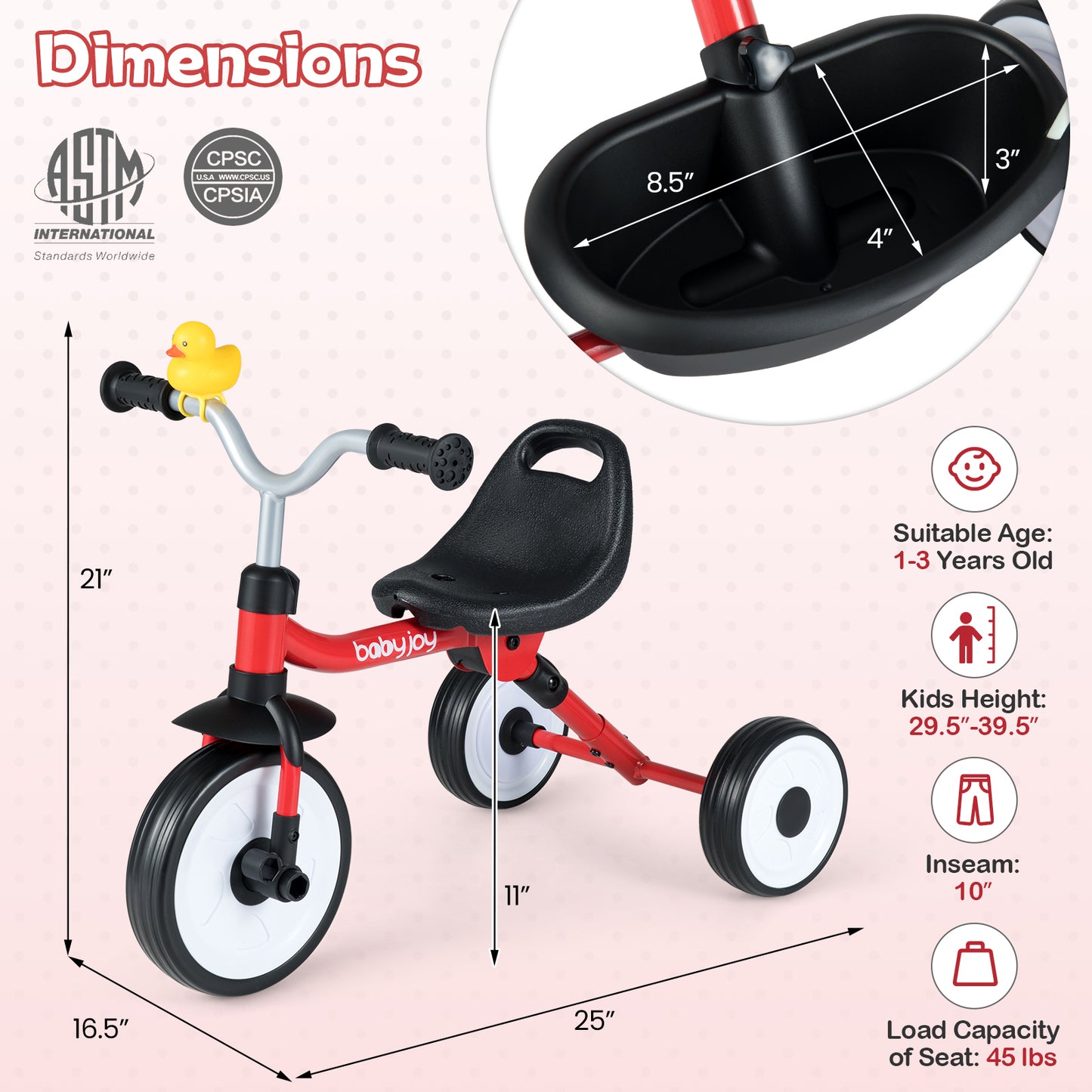 Toddler Tricycle with 3-Position Seat and Storage Basket for Kids-Red