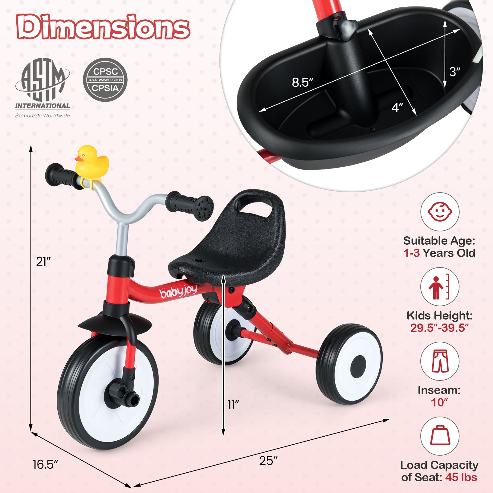 Toddler Tricycle with 3-Position Seat and Storage Basket for Kids-Red