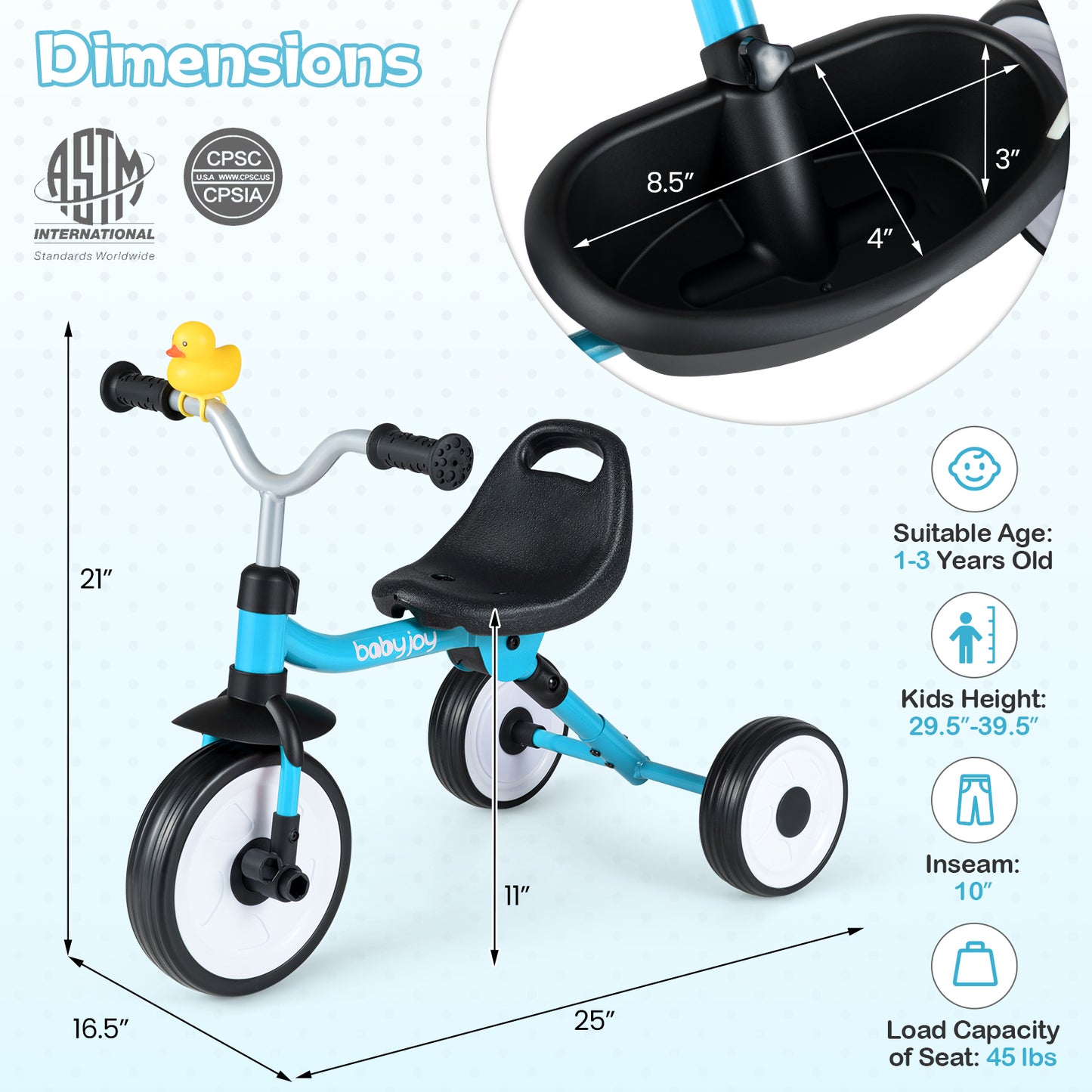Toddler Tricycle with 3-Position Seat and Storage Basket for Kids-Blue