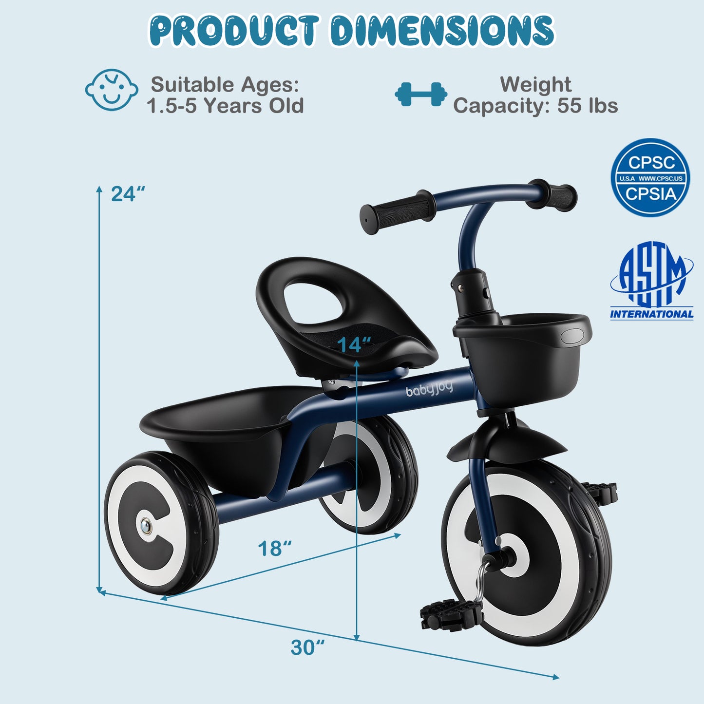 Toddler Tricycle with Adjustable Seat and Storage Baskets for 1.5-5 Years Old