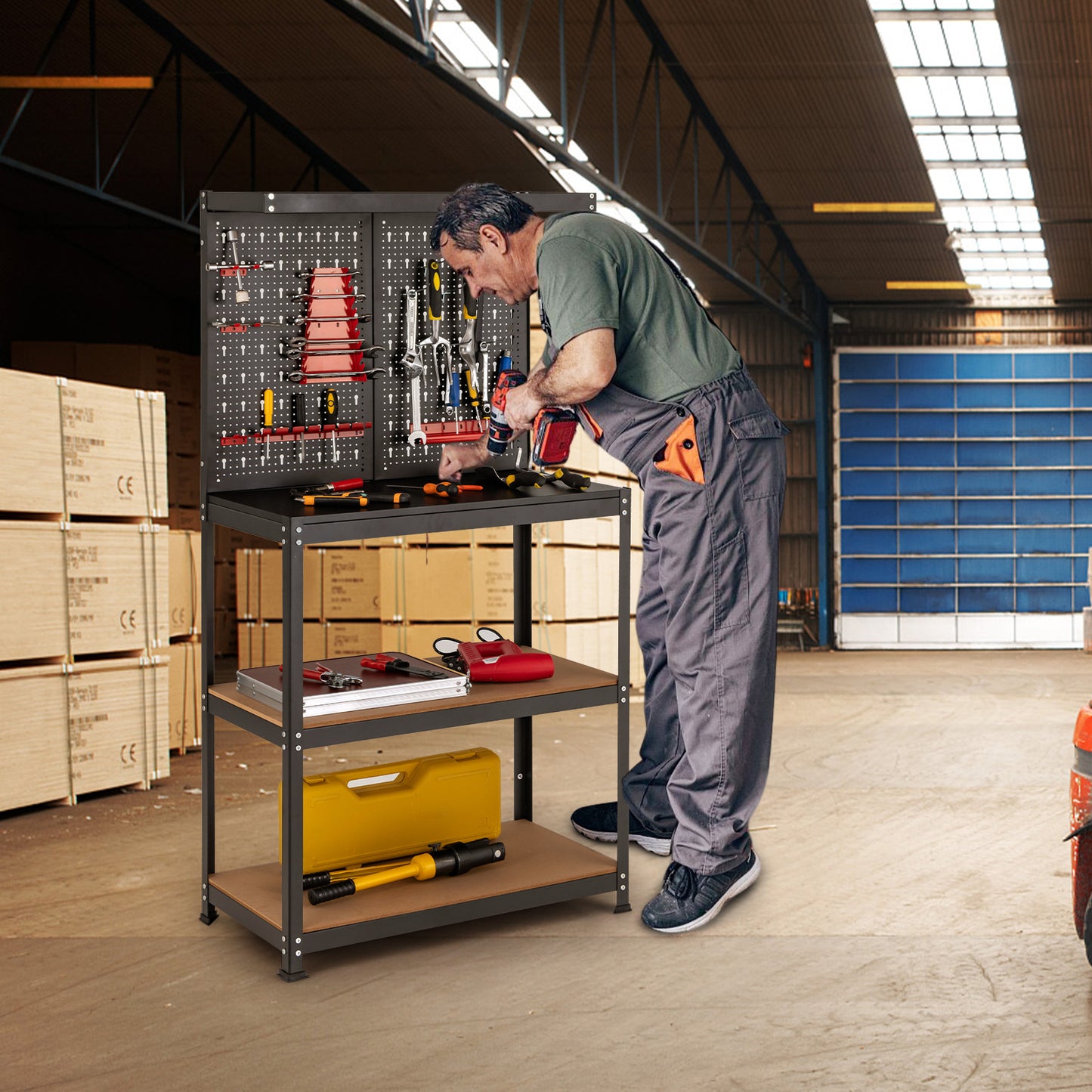Tool Storage Workbench with Peg Board 2 Lower Shelves 14 Hanging Accessories-Black