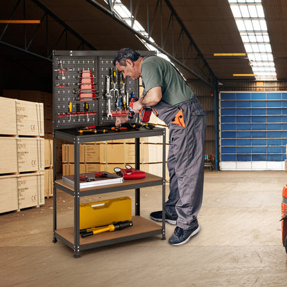 Tool Storage Workbench with Peg Board 2 Lower Shelves 14 Hanging Accessories-Black