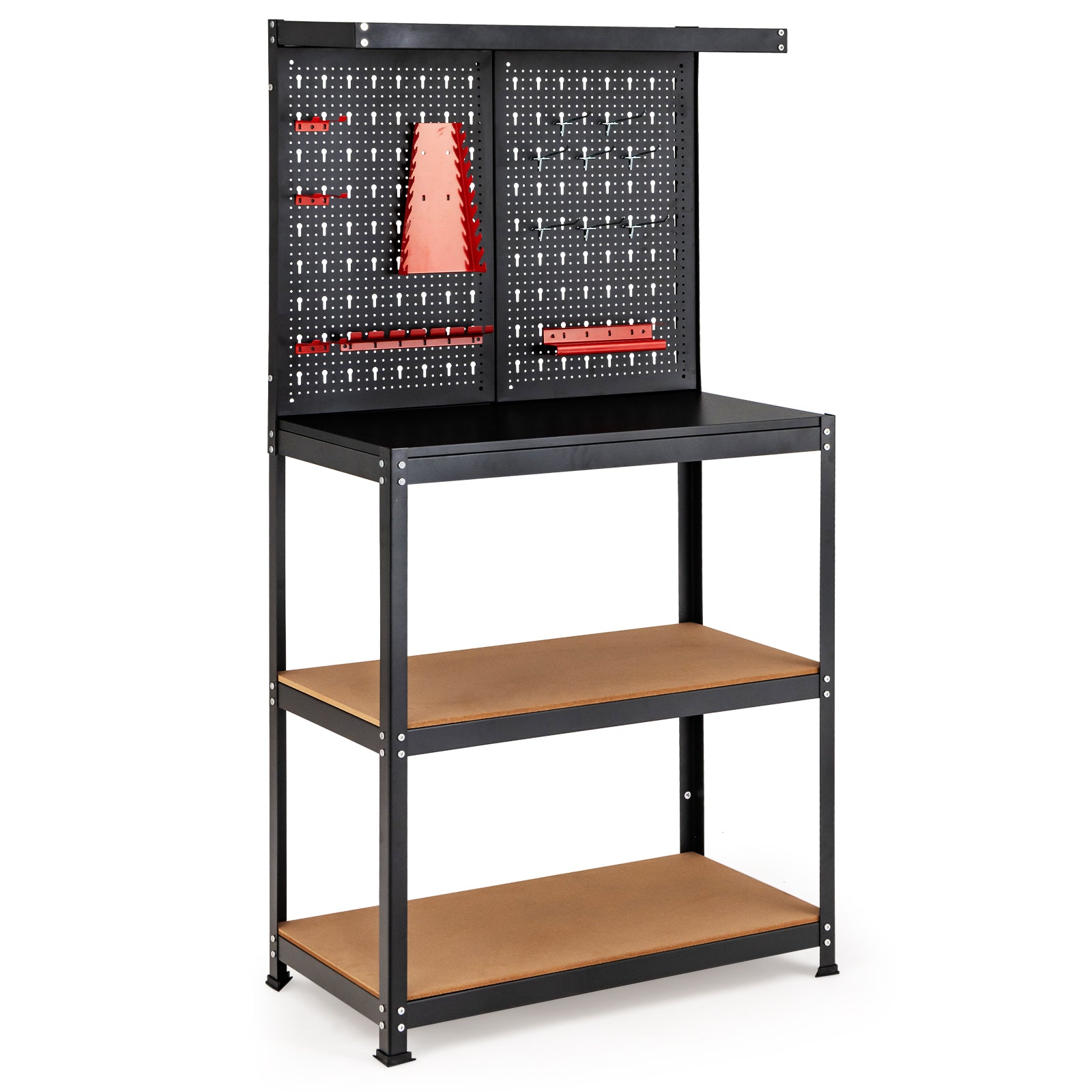 Tool Storage Workbench with Peg Board 2 Lower Shelves 14 Hanging Accessories-Black