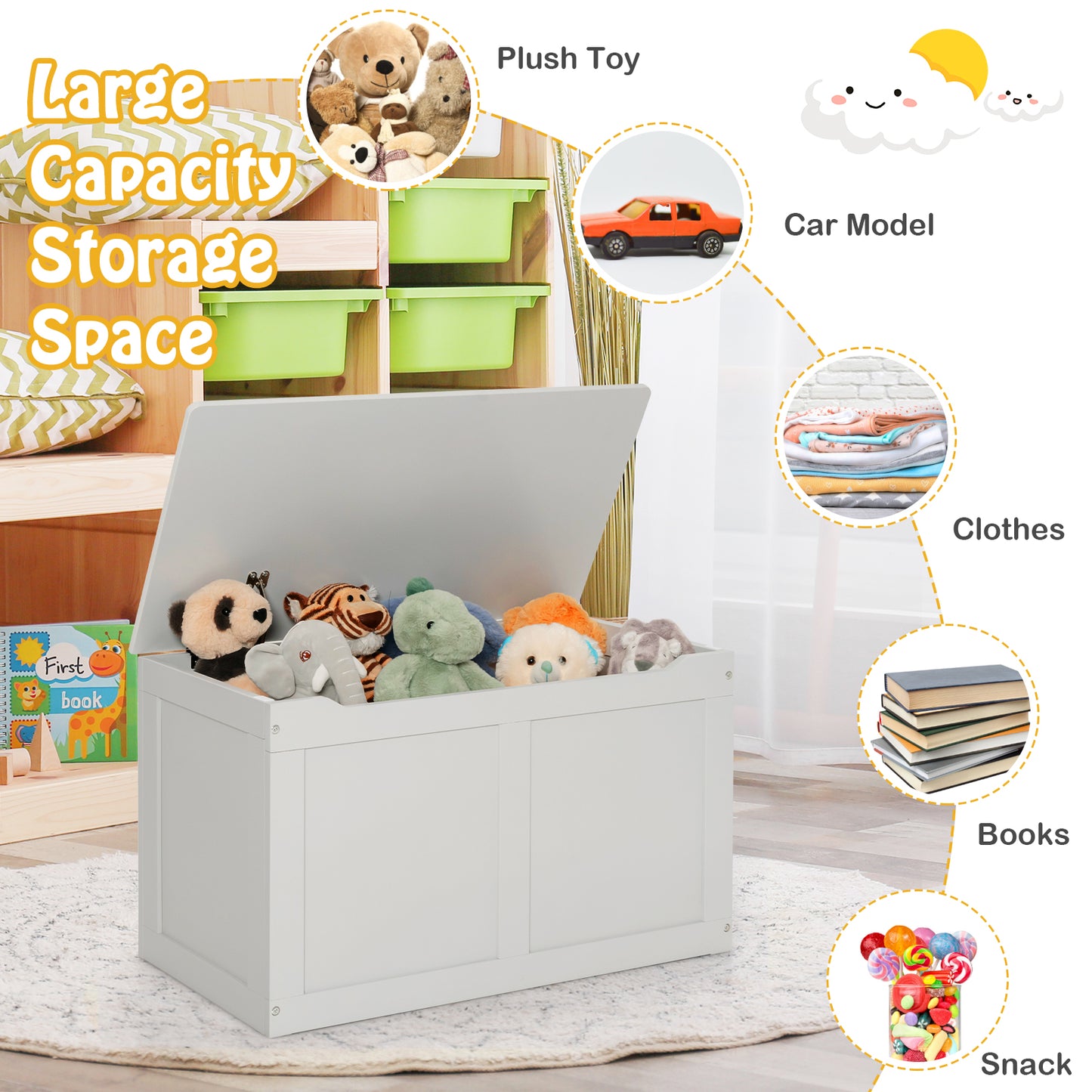 Safety Hinge Wooden Chest Organizer Toy Storage Box
