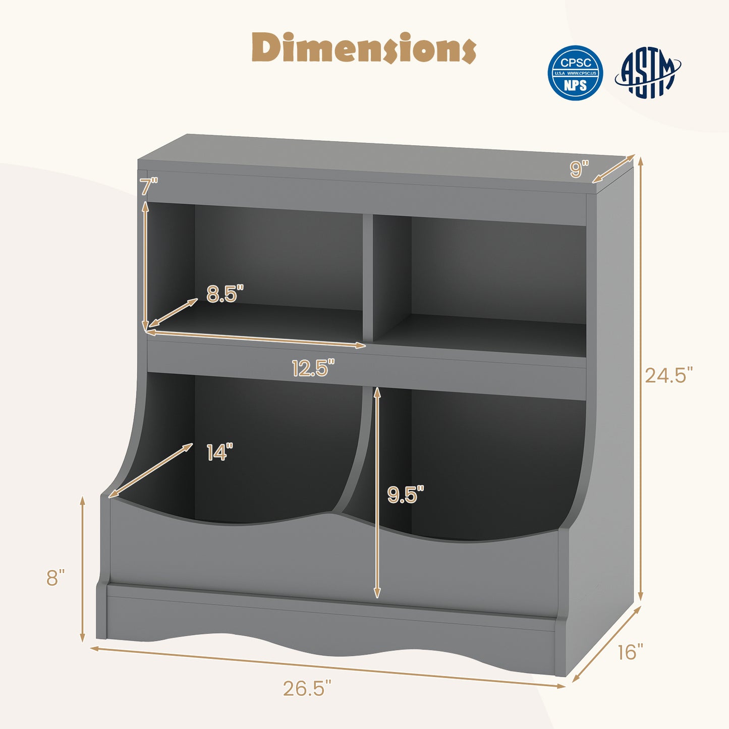 Toy Storage Organizer 4-Cubby Kids Bookcase for Toys and Books-Gray