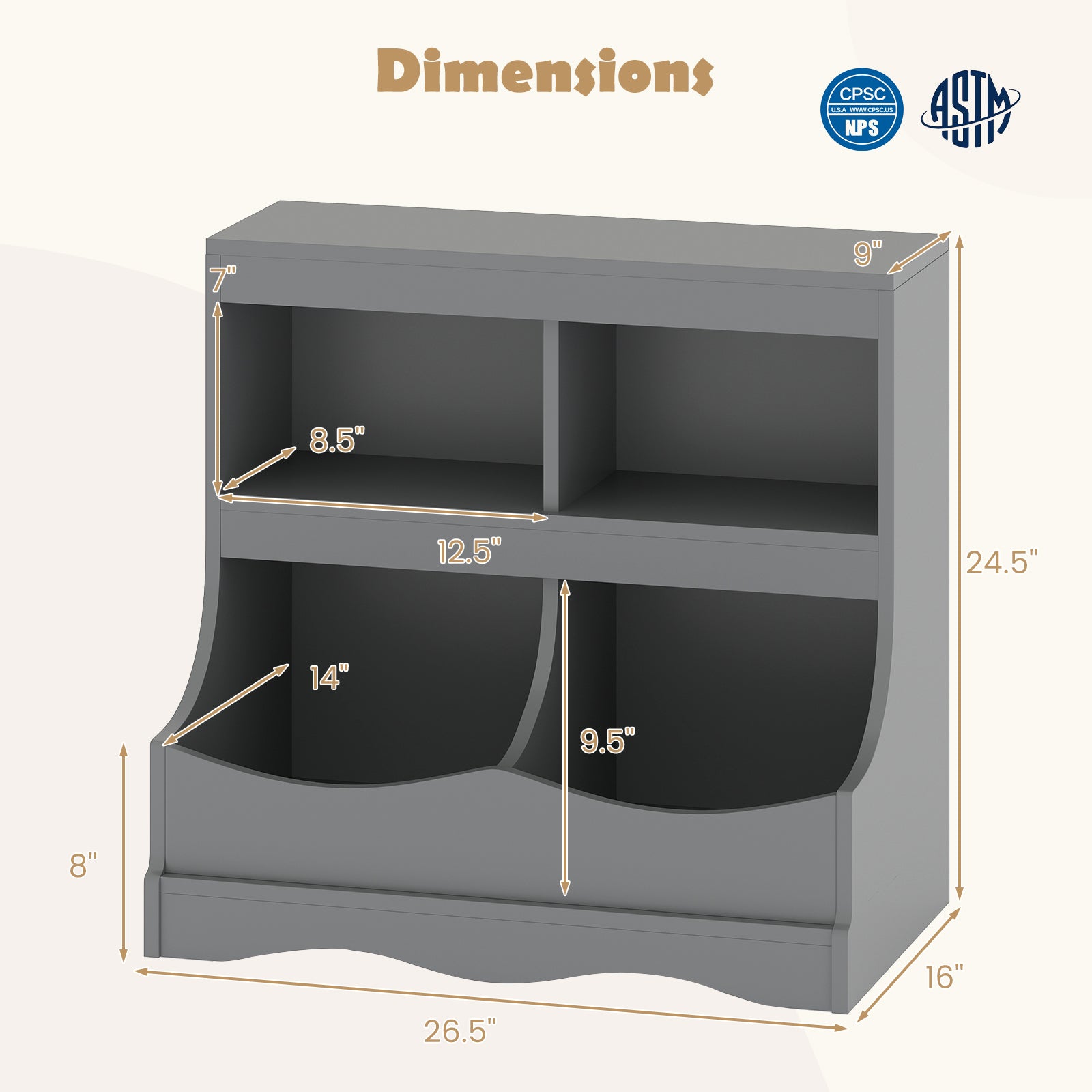 Toy Storage Organizer 4-Cubby Kids Bookcase for Toys and Books-Gray