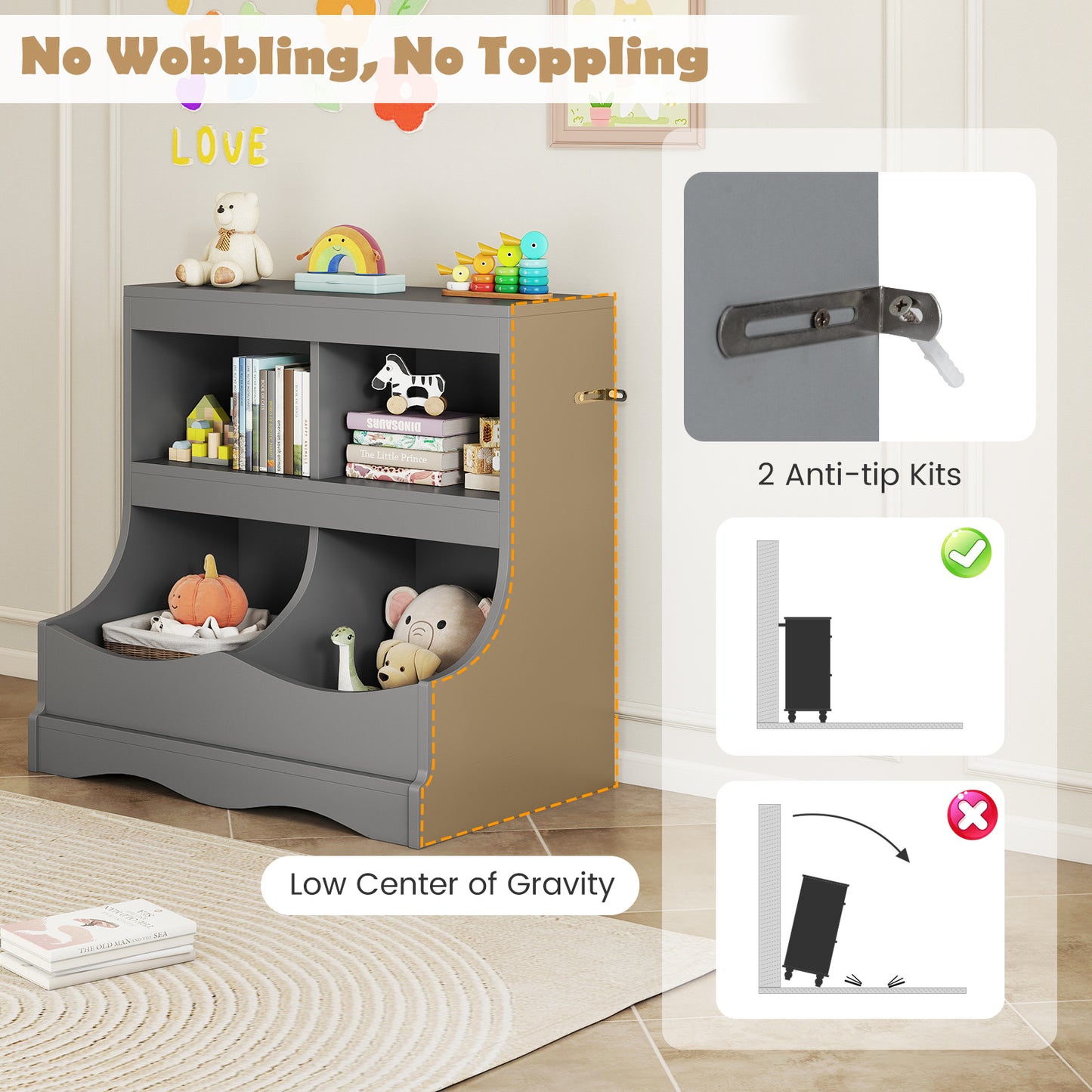 Toy Storage Organizer 4-Cubby Kids Bookcase for Toys and Books-Gray