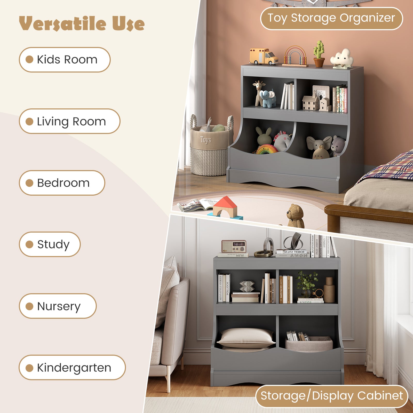 Toy Storage Organizer 4-Cubby Kids Bookcase for Toys and Books-Gray