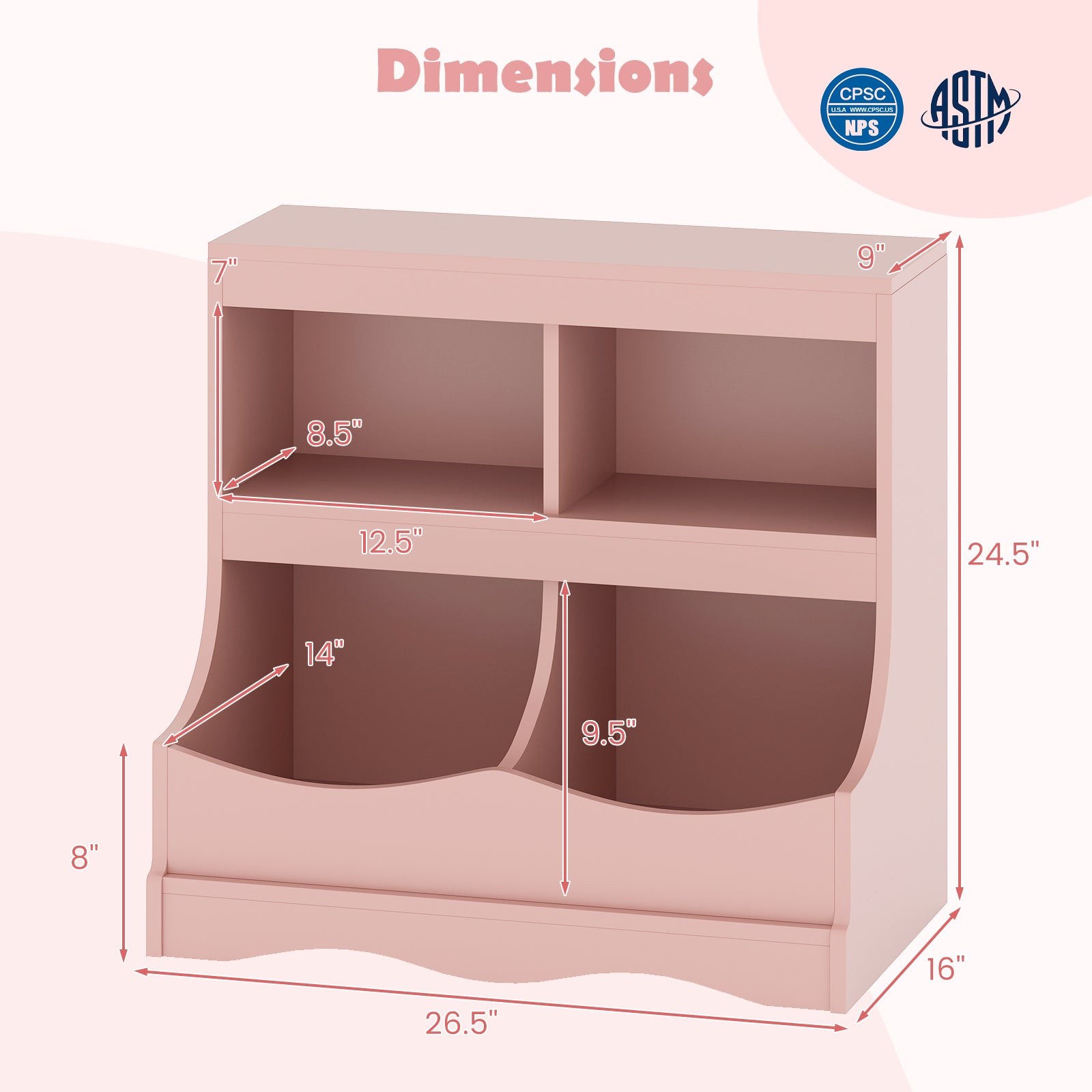 Toy Storage Organizer 4-Cubby Kids Bookcase for Toys and Books-Pink