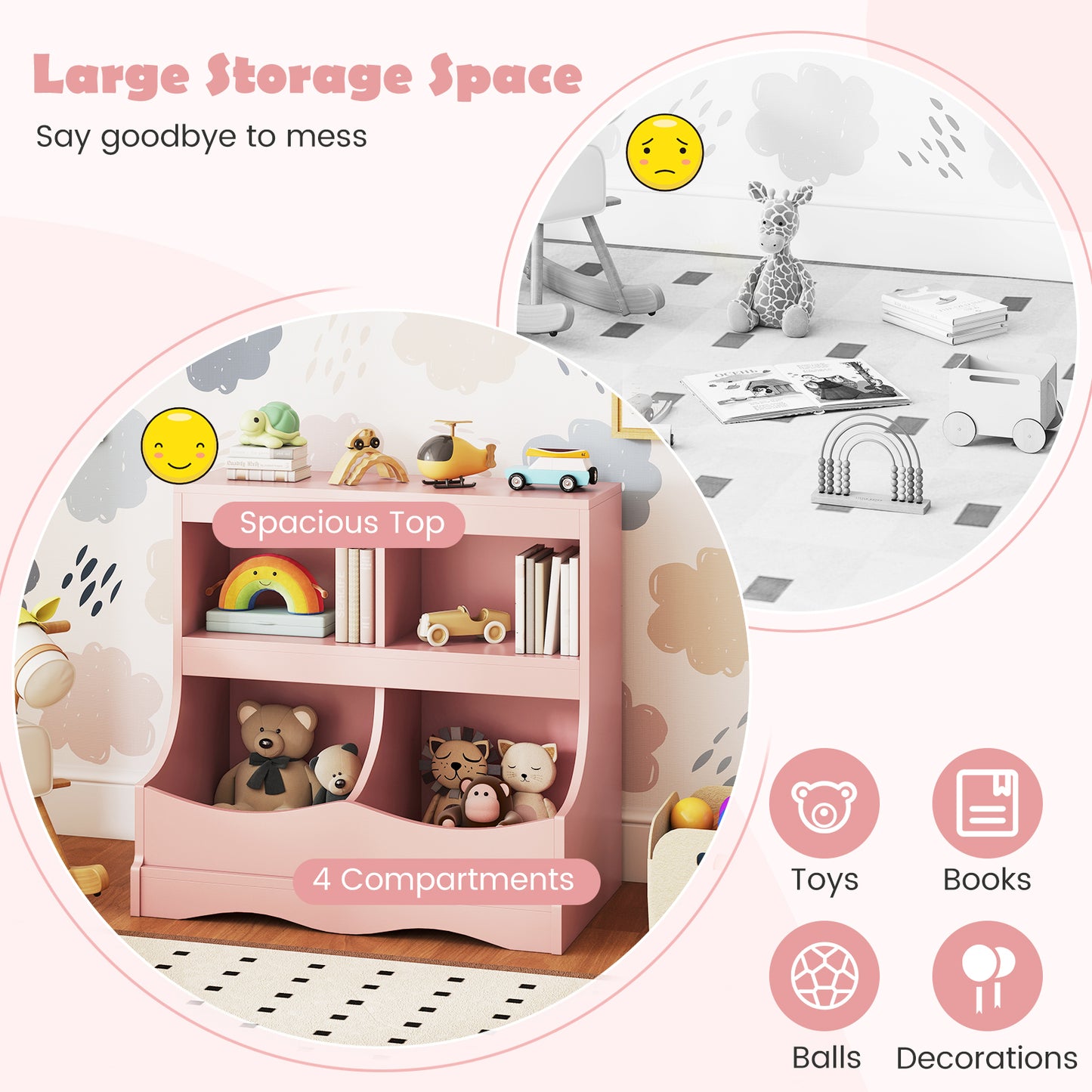 Toy Storage Organizer 4-Cubby Kids Bookcase for Toys and Books-Pink