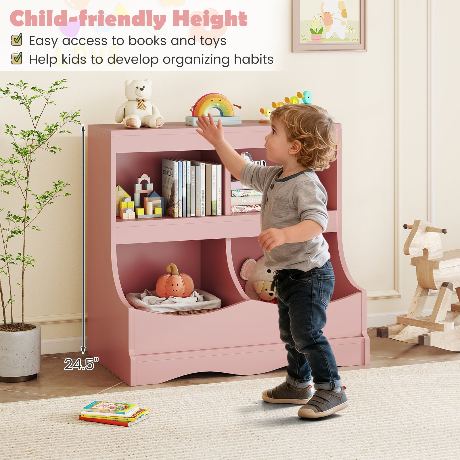 Toy Storage Organizer 4-Cubby Kids Bookcase for Toys and Books-Pink