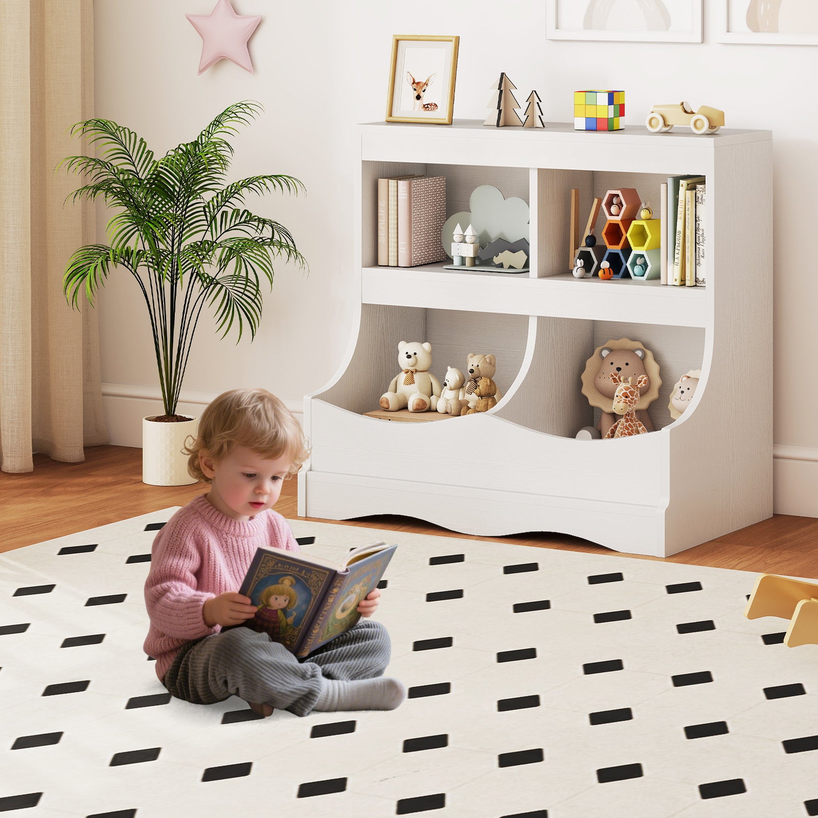 Toy Storage Organizer 4-Cubby Kids Bookcase for Toys and Books-White