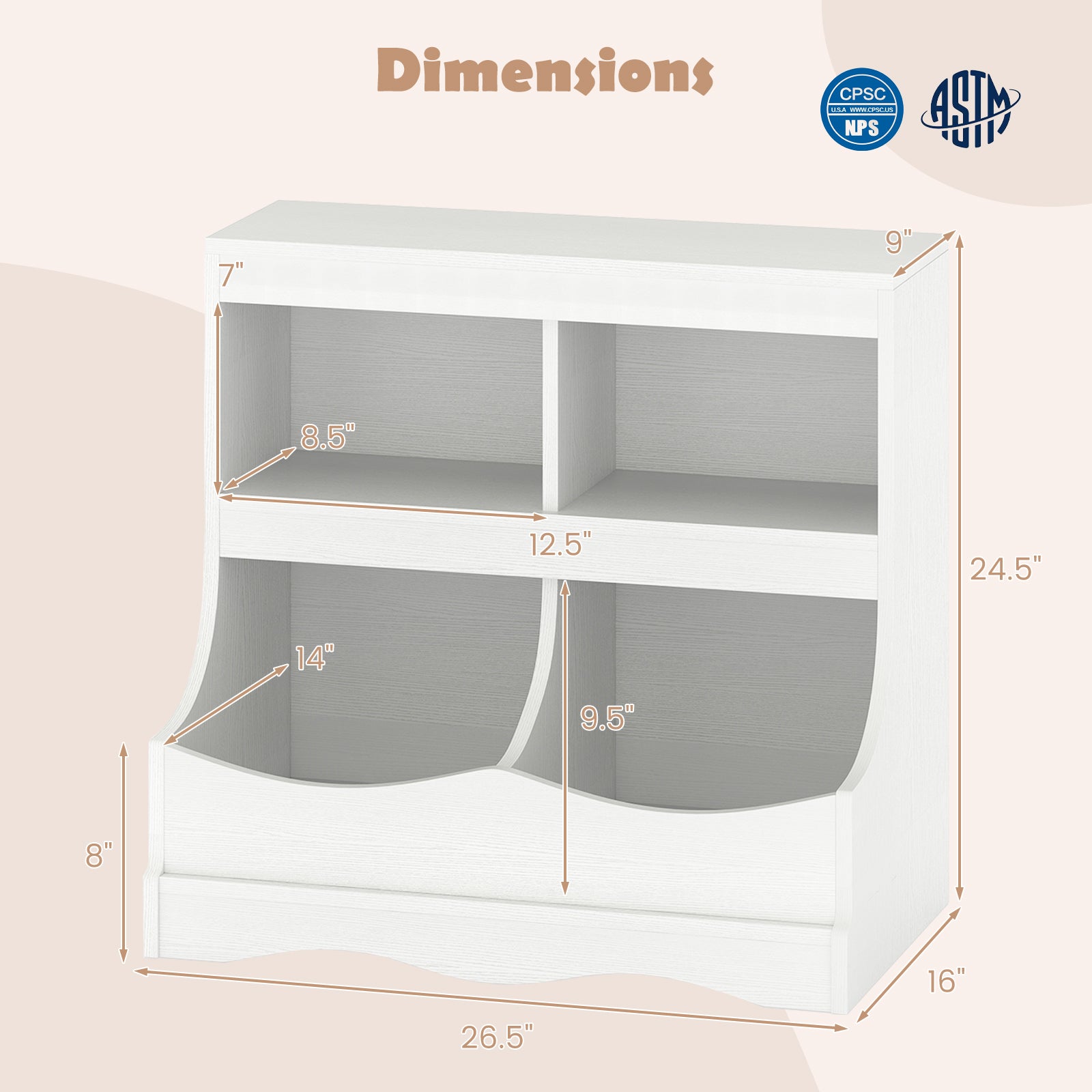 Toy Storage Organizer 4-Cubby Kids Bookcase for Toys and Books-White