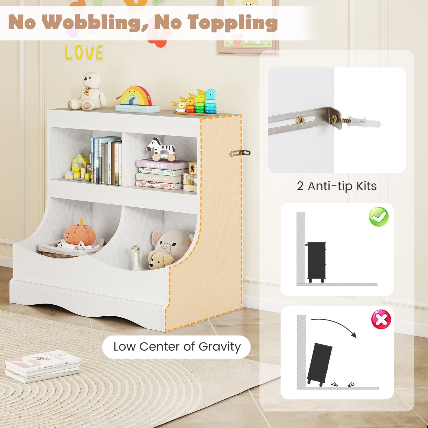 Toy Storage Organizer 4-Cubby Kids Bookcase for Toys and Books-White