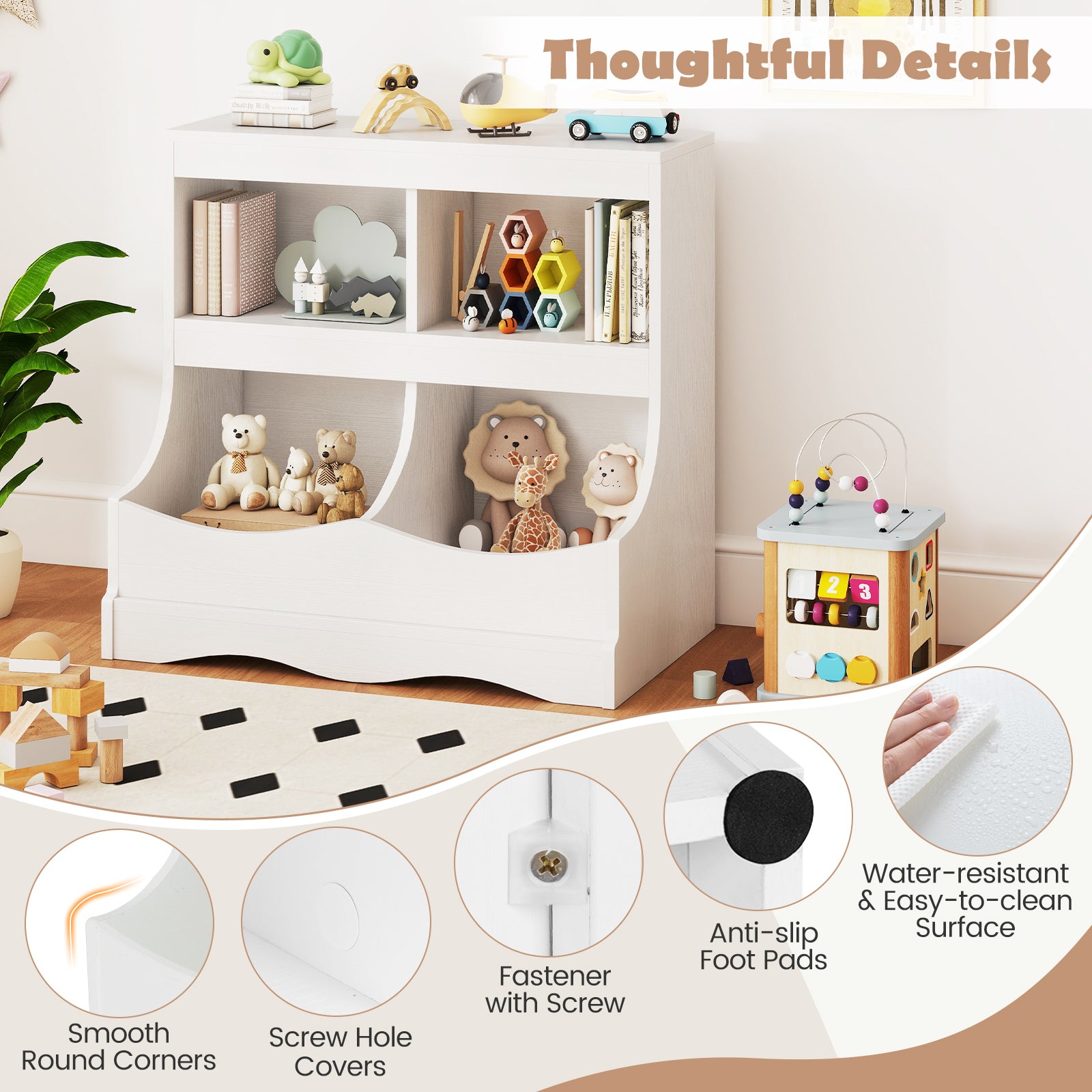 Toy Storage Organizer 4-Cubby Kids Bookcase for Toys and Books-White