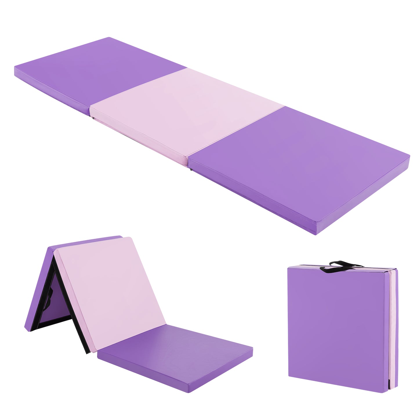 6 x 2 FT Tri-Fold Gym Mat with Handles and Removable Zippered Cover-Purple - Pink & Purple