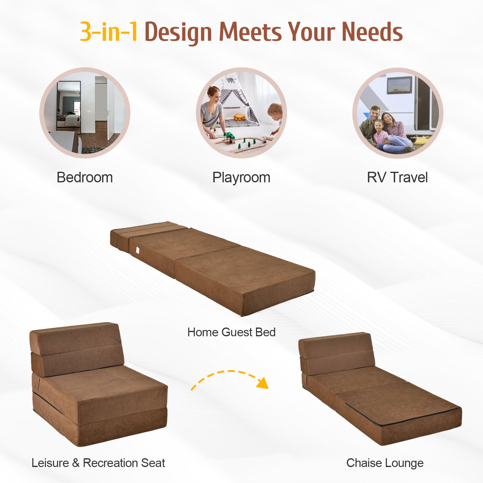 Tri-Fold Folding Chair Convertible Sleeper Bed-Brown