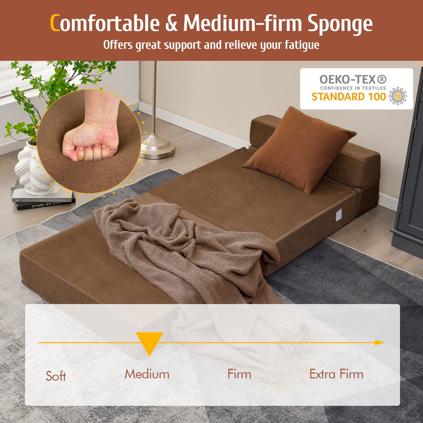 Tri-Fold Folding Chair Convertible Sleeper Bed-Brown