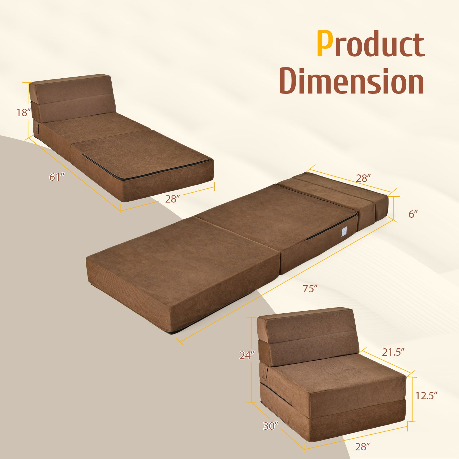 Tri-Fold Folding Chair Convertible Sleeper Bed-Brown
