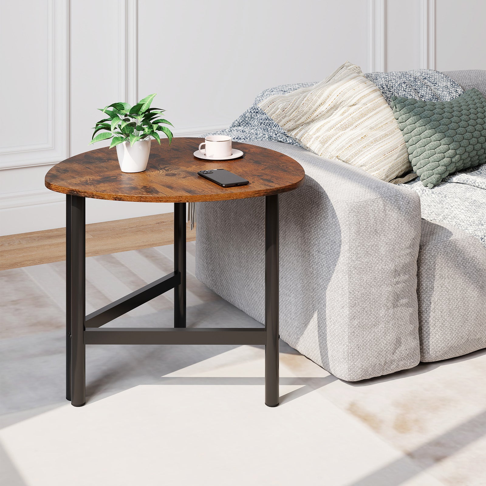 Triangle Coffee Table Oval Coffee Table with Metal Legs Industrial Center Table-Rustic Brown