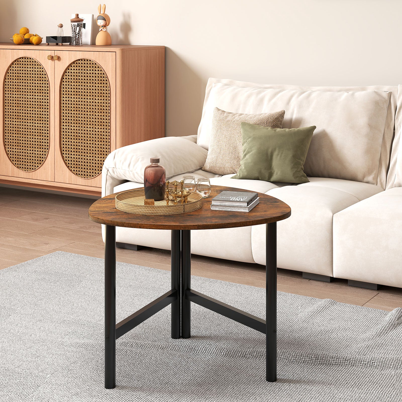 Triangle Coffee Table Oval Coffee Table with Metal Legs Industrial Center Table-Rustic Brown