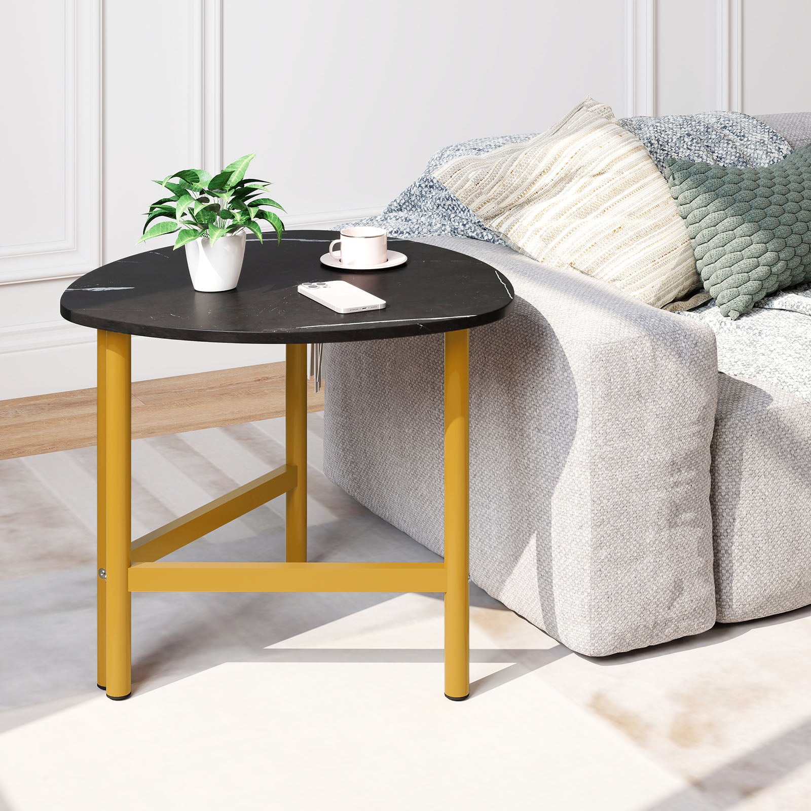Triangle Coffee Table Oval Coffee Table with Metal Legs Industrial Center Table-Black