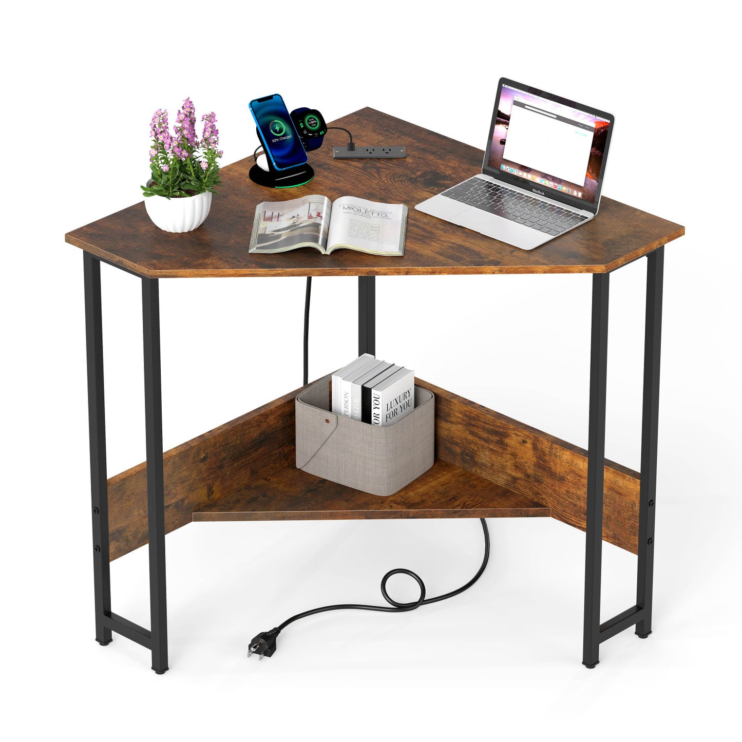 Triangle Corner Desk with Charging Station - Rustic Brown