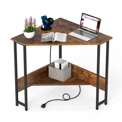 Triangle Corner Desk with Charging Station - Rustic Brown