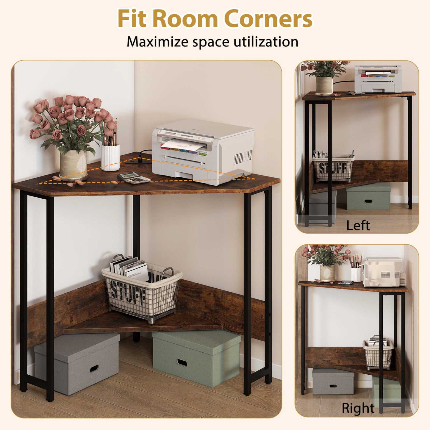 Triangle Corner Desk with Charging Station - Rustic Brown