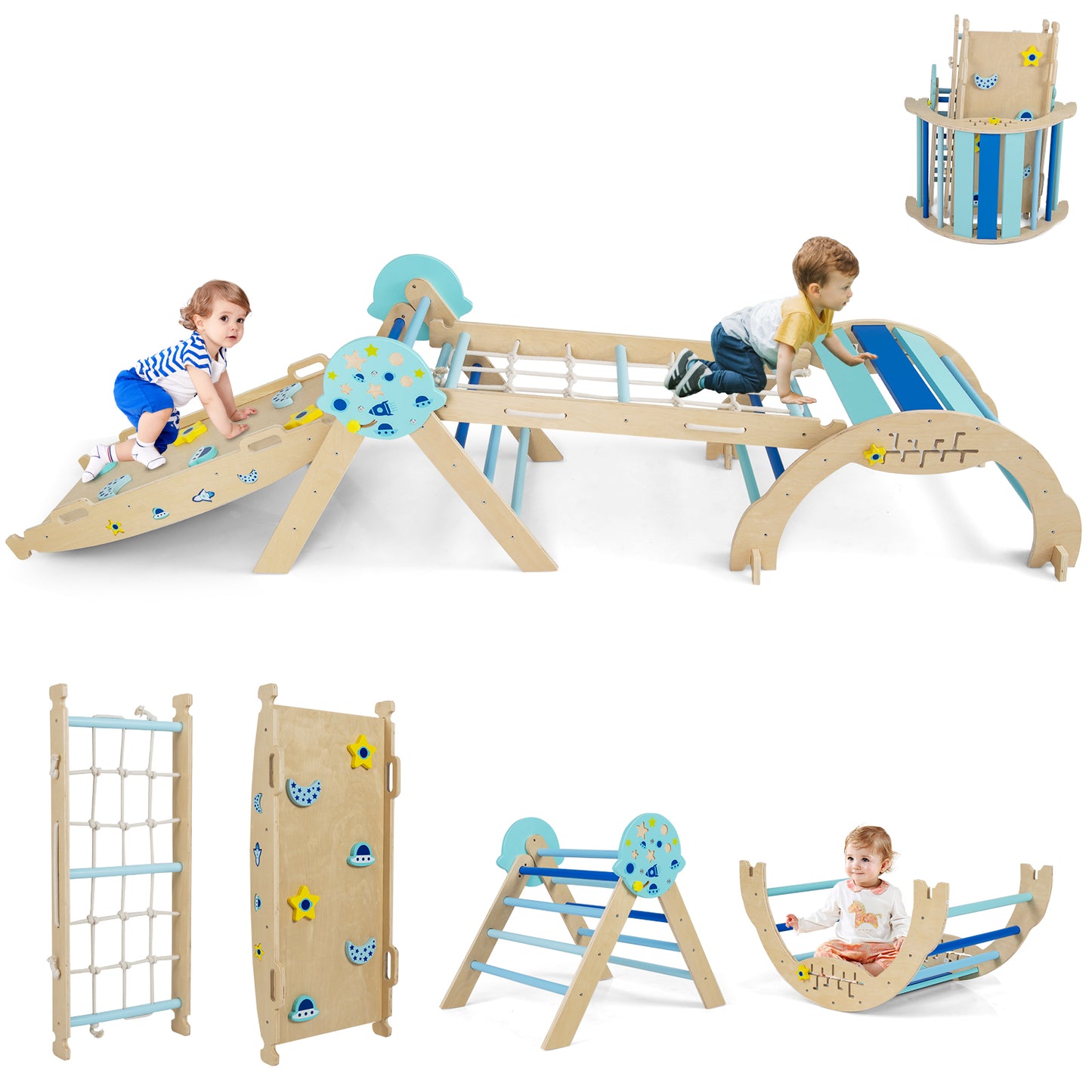 Triangle Set 8-in-1 Foldable Baby Climbing Toys Astronaut/Unicorn Theme-Blue