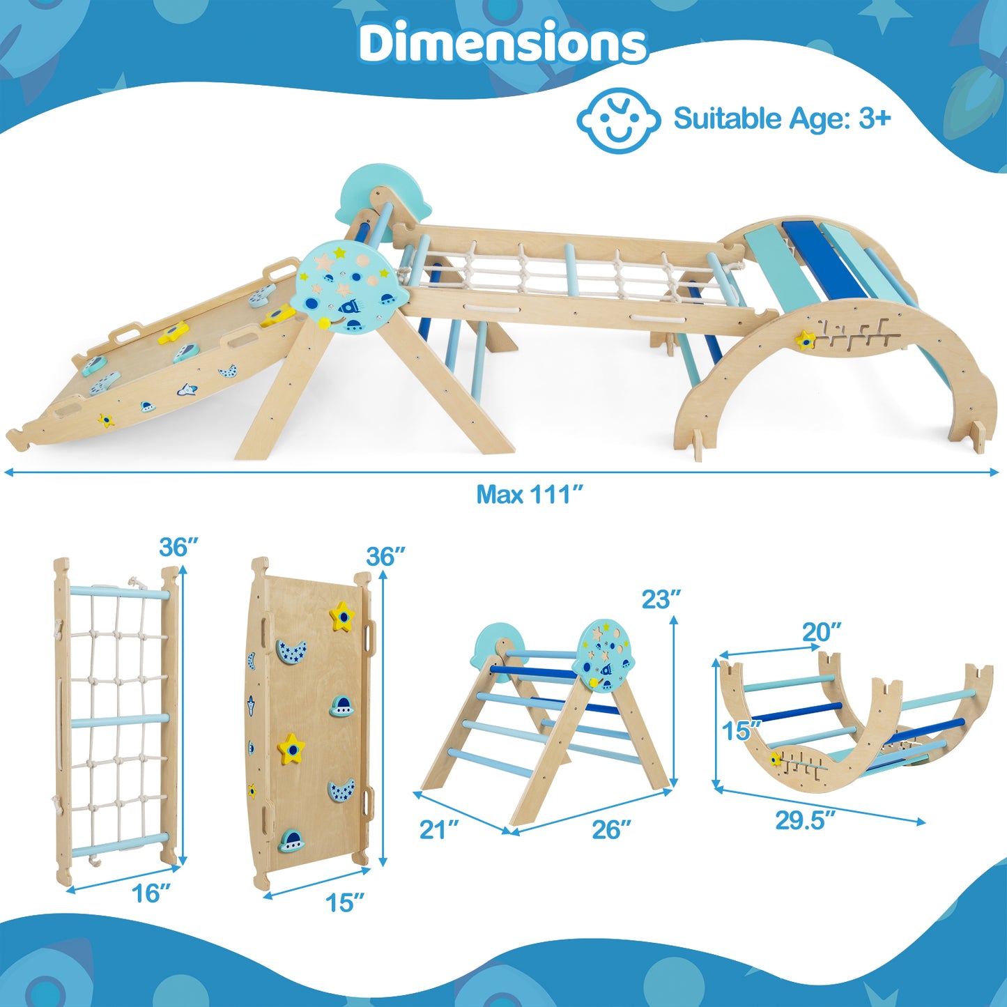 Triangle Set 8-in-1 Foldable Baby Climbing Toys Astronaut/Unicorn Theme-Blue