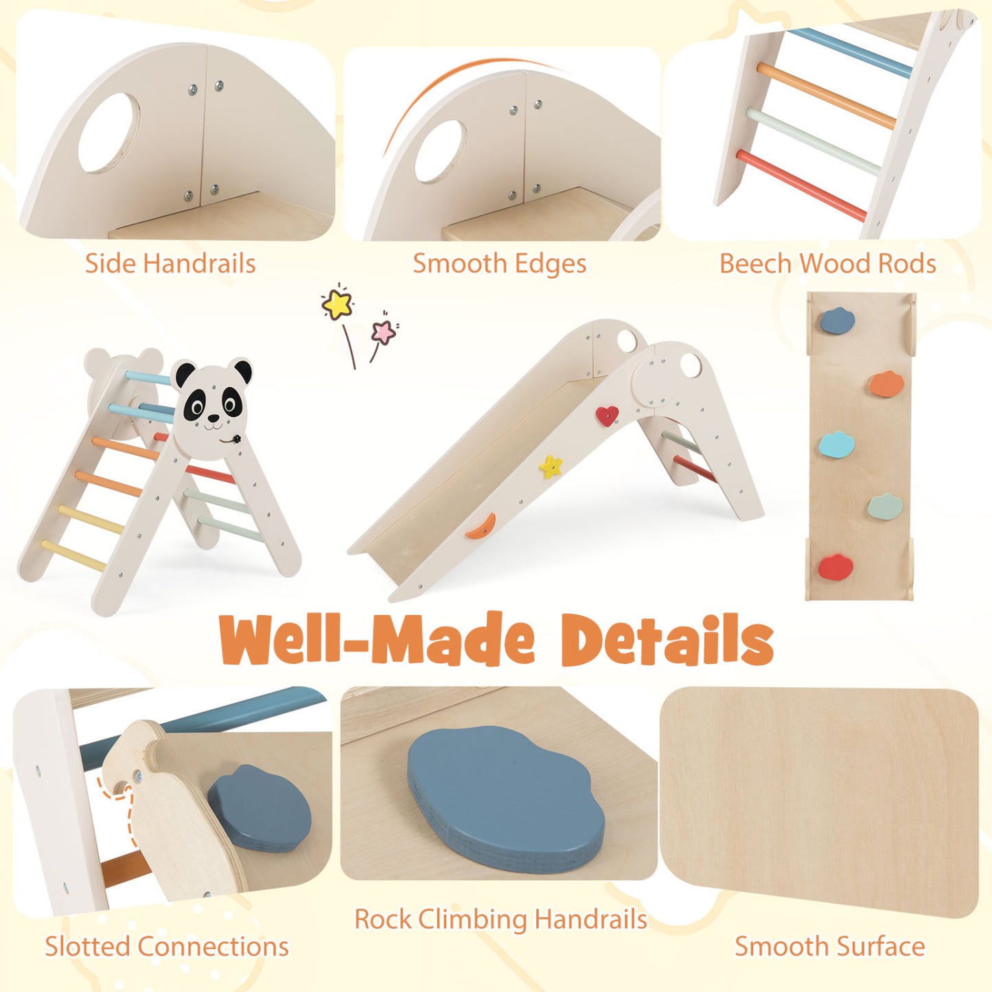 Triangle Set Foldable Kids Climbing Toys Panda-Themed Wood Montessori Climbing Set