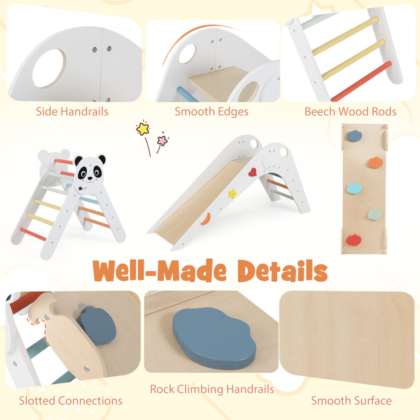 Triangle Set Foldable Kids Climbing Toys Panda-Themed Wood Montessori Climbing Set