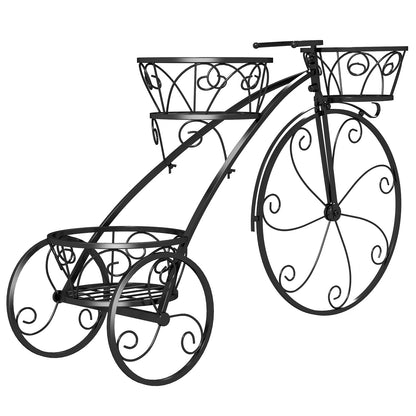 Tricycle Plant Stand Flower Pot Cart Holder with 3 Hollowed Baskets-Bronze - Black