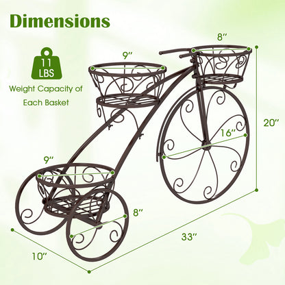 Tricycle Plant Stand Flower Pot Cart Holder with 3 Hollowed Baskets