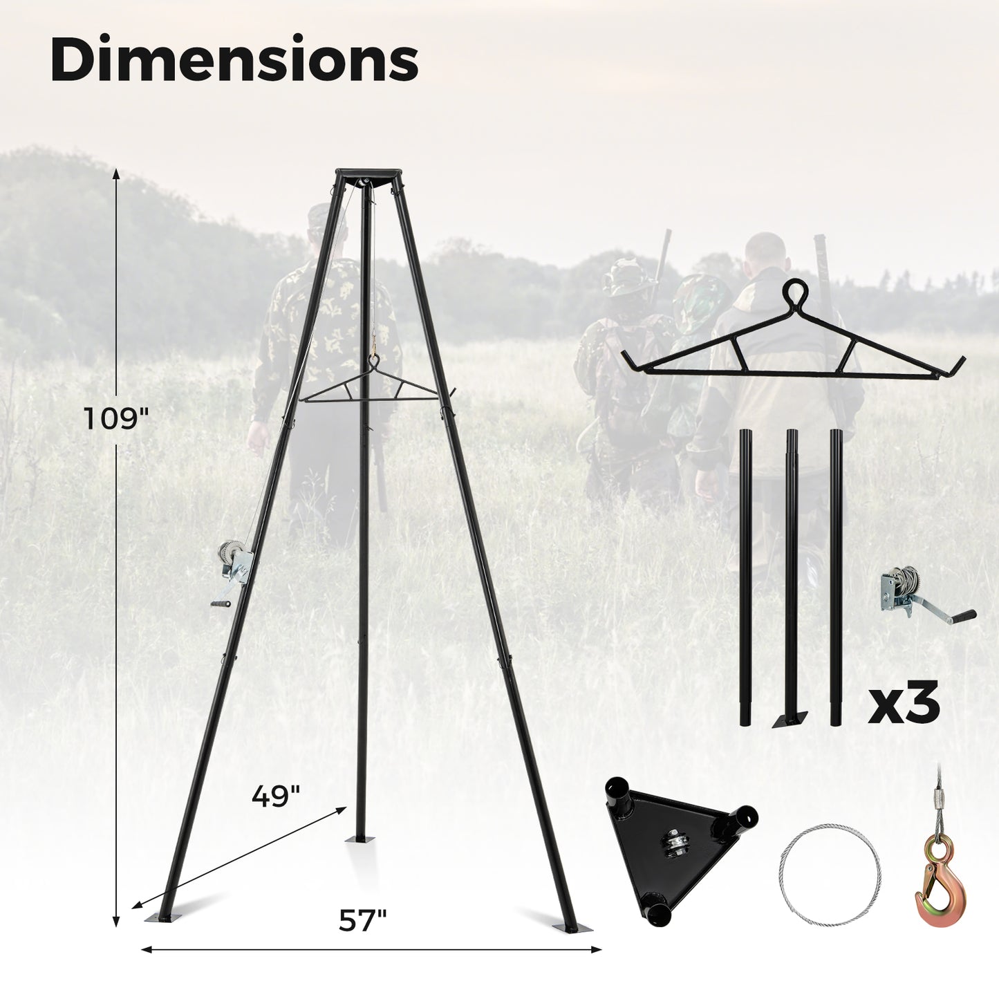 Tripod Game Hoist Deer Hanger 600 LBS Capacity Deer Skinning Rack-Black