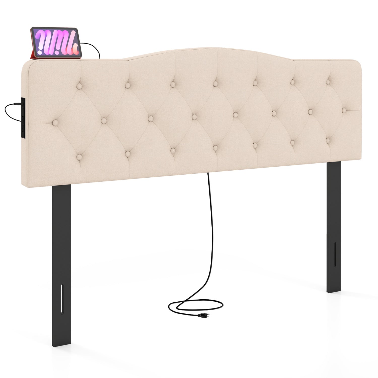 Tufted Upholstered Head Board for Queen and Full Size Bed with 2 AC Outlets-Beige