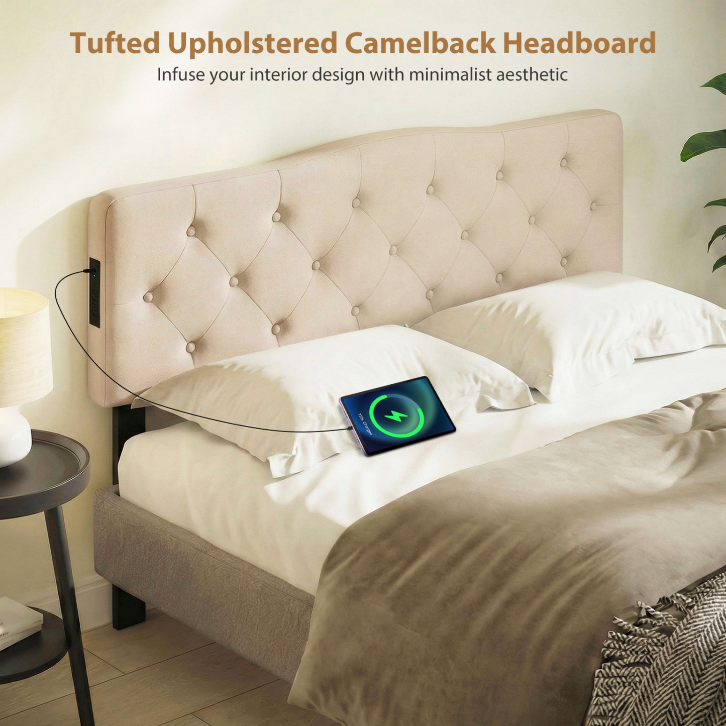 Tufted Upholstered Head Board for Queen and Full Size Bed with 2 AC Outlets-Beige