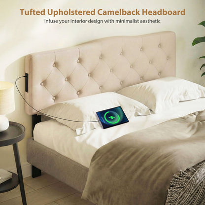 Tufted Upholstered Head Board for Queen and Full Size Bed with 2 AC Outlets-Beige