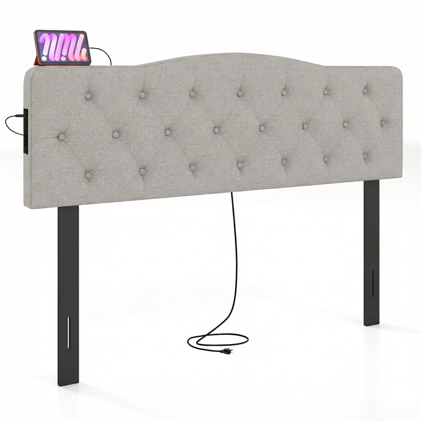 Tufted Upholstered Head Board for Queen and Full Size Bed with 2 AC Outlets-Gray