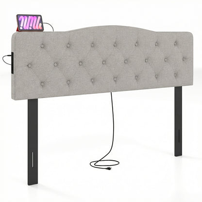 Tufted Upholstered Head Board for Queen and Full Size Bed with 2 AC Outlets-Gray